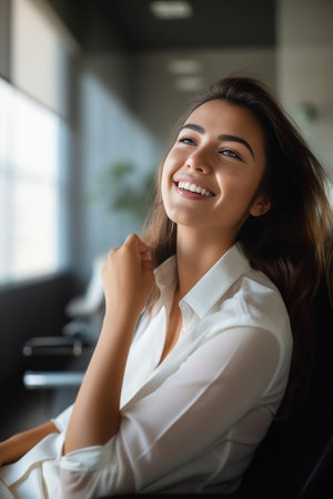 Making business look good Beautiful young woman looking at camera and smiling while sitting at the chair in office : Generative AIの素材
