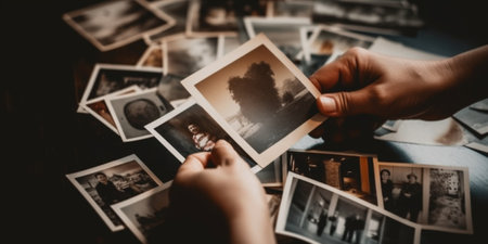 My family is my inspiration Closeup top view of man holding photograph of his family over wooden desk with different chancellery stuff laying around : Generative AIの素材