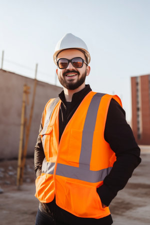 Man for any job Joyful young builder keeping arms crossed and smiling while standing indoors : Generative AIの素材