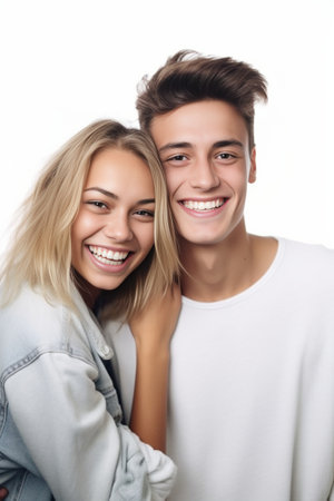 Just having fun Handsome young man grimacing while his girlfriend touching his face while standing against grey background : Generative AIの素材