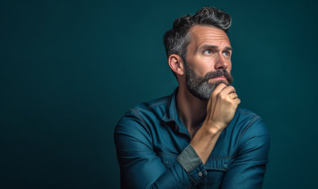 Waiting for inspiration Thoughtful mature man in shirt and tie touching his chin with hand and looking away while holding note pad and standing against grey background : Generative AIの素材