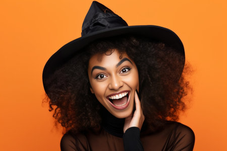 Playful and funky Playful young African woman in funky hat holding fake mustache on her face and looking at camera while standing against white background : Generative AIの素材