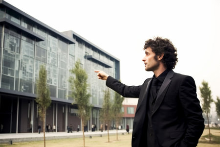 Pointing a copy space Thoughtful young man in formalwear pointing away while standing outdoors : Generative AIの素材