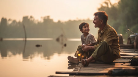 Spending great time with father Happy father fishing with his kids while sitting at the riverbank together : Generative AIの素材