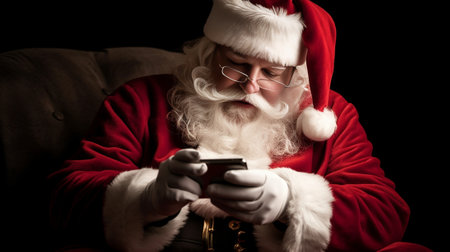 Typing message to elfs Happy Santa Claus typing a message on the mobile phone and smiling while sitting at his chair with fireplace and Christmas Tree in the background : Generative AIの素材