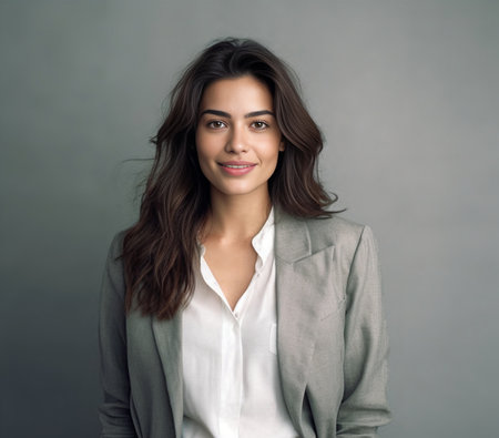 Young business professional Attractive young woman looking at camera and smiling while standing against grey background : Generative AIの素材