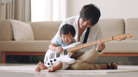 Sunday fun Young father playing guitar for his little daughter and smiling while spending free time at home : Generative AIの素材