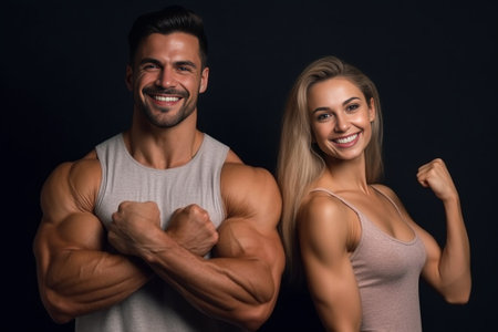 Proud to be strong and healthy Happy sporty family showing their biceps and smiling while standing close to each other in sports club : Generative AIの素材