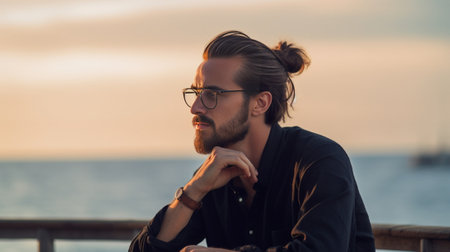 Perfect style Side view of young bearded man in eyewear looking away while standing outdoors : Generative AIの素材