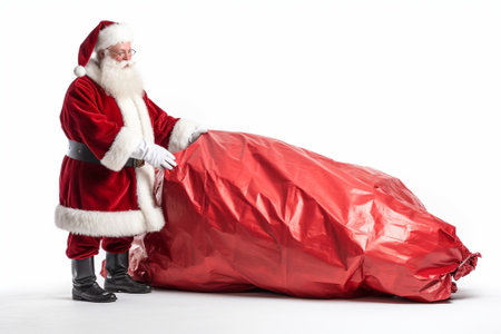 Merry Christmas and Happy New Year Full length of Traditional Santa Claus carrying sack with presents and waving to you while standing against white background : Generative AIの素材