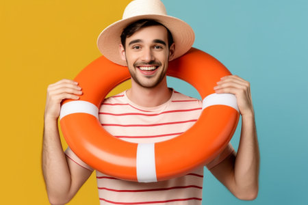 Playful African man carrying inflatable ring and showing bicep against red background : Generative AIの素材