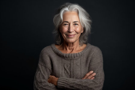 In her own style Beautiful senior woman looking at camera and smiling while standing against grey background : Generative AIの素材