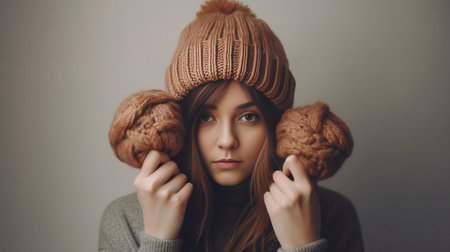 Winter time fun Excited young woman holding pompons of hat in front of her eyes while standing against grey background : Generative AIの素材