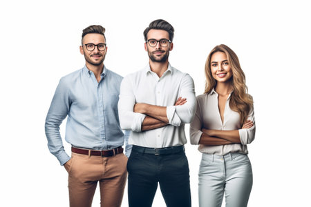 Young and full of new ideas Three confident young people in smart casual wear looking at camera and smiling while standing against white background : Generative AIの素材