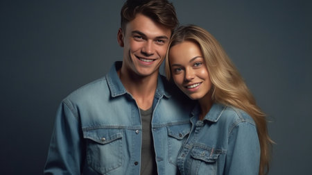 Looking perfect Beautiful young couple in denim wear bonding and smiling while sitting against grey background : Generative AIの素材