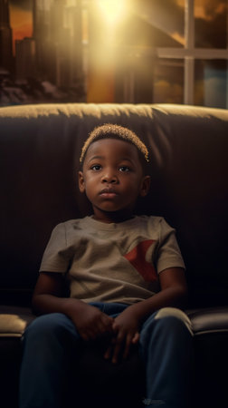 Loving his modern toys Little African baby boy holding smartphone and looking away while sitting on the couch at home : Generative AIの素材