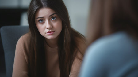 Talking out her feelings Young frustrated woman solving her mental problems while sitting on the therapy session with psychologist : Generative AIの素材