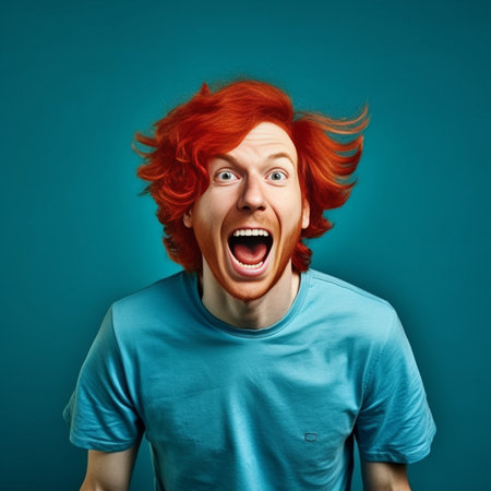 Playful redhead man carrying cocktail shaped balloon and gesturing against blue background : Generative AIの素材