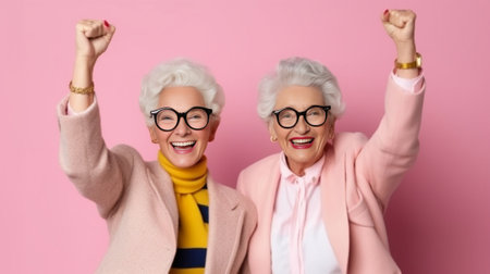 Playful senior mother and adult daughter making selfie against pink background : Generative AIの素材