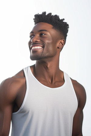 Taking his shirt away Handsome young African man taking off his tank top and smiling while standing against grey background : Generative AIの素材