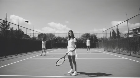 Training together Full length rear view of father in sports clothing teaching his daughter to play tennis while both standing on tennis court : Generative AIの素材