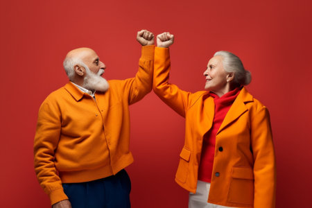 Loving senior couple gesturing heart shape while standing against blue background : Generative AIの素材
