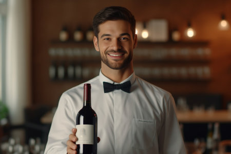 Sommelier at work Confident male sommelier pouring wine to decanter while standing near the wine shelf : Generative AIの素材