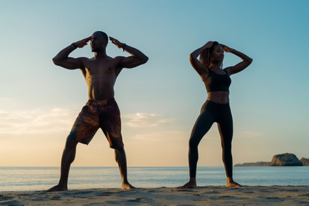 Stretching outdoors Low angle view of young couple in sport clothing doing stretching exercises together : Generative AIの素材