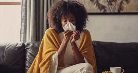 Sneezing just keep coming Sick young women blowing her nose using facial tissues while sitting on the sofa at home : Generative AIの素材