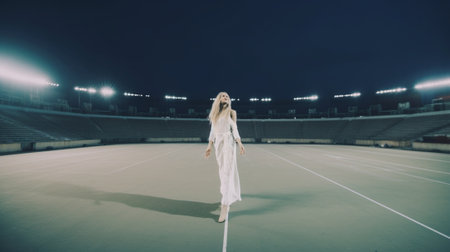 Sporty beauty Full length of attractive young and trendy woman in roller skates standing on stadium outdoors : Generative AIの素材