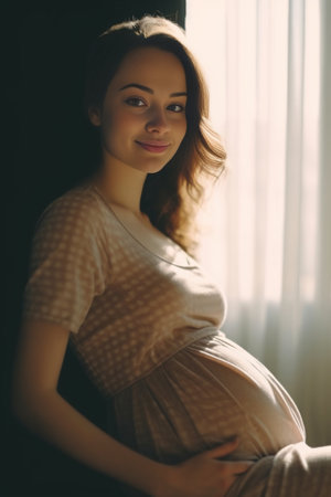 Looking forward to motherhood Smiling pregnant young woman touching her belly and smiling at camera while sitting on sofa : Generative AIの素材