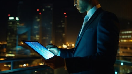 Modern businessman Night time image of confident young man in full suit holding digital tablet and looking at it while standing outdoors with cityscape in the background : Generative AIの素材
