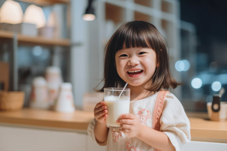 Having fun with cookies Cheerful little girl covering eyes with cookies while sitting at the table with glass of milk on it : Generative AIの素材