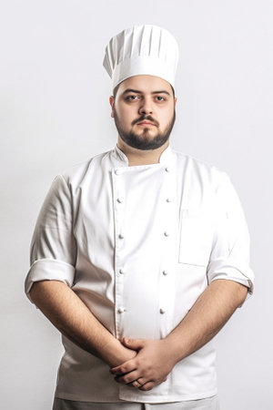 Ready to work Confident mature chef in white uniform holding knifes in his hands and looking at camera while standing against white background : Generative AIの素材