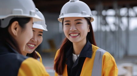 Welcome to our team Two happy young womenworking togetherat the rest area while two men shaking hands and smiling : Generative AIの素材