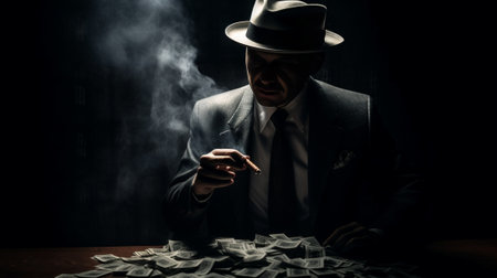Money and power Serious senior man in hat and suspenders smoking cigar and hiding money into the pocket while standing against dark background : Generative AIの素材