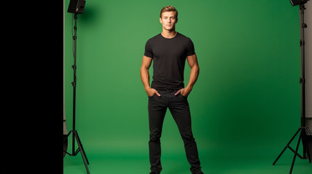 Smile to the camera Young man in polo shirt shooting you with digital camera while standing in studio with lighting equipment on background : Generative AIの素材
