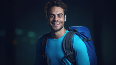 Sharing new emotions Handsome young man sitting near backpack and looking at camera through the shoulders with smile while speaking the telephone : Generative AIの素材