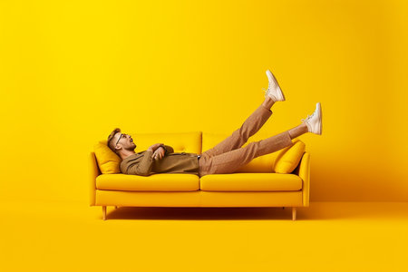 Total relaxation Top view of happy young African man in formalwear lying on the couch with his legs on a desk and hands behind head : Generative AIの素材