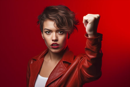 Playful young short hair woman with shiny crystals over her face gesturing against red background : Generative AIの素材