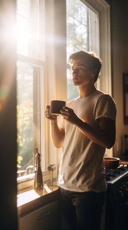 Waiting for inspiration Thoughtful young man in shirt and tie holding coffee cup and looking through a window : Generative AIの素材