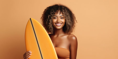 Young and carefree Attractive young African woman holding colorful skateboard and smiling while standing against grey background : Generative AIの素材