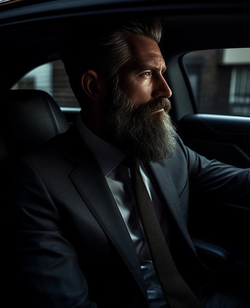 Thoughtful mature businessman looking through a window while sitting on the back seat of a car : Generative AIの素材