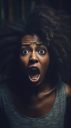 Shocked young African woman looking at camera and making a face while standing against grey background : Generative AIの素材
