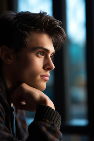 Taking some time to think Thoughtful young man looking outside while sitting in the cafeteria : Generative AIの素材