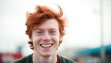 Playful young redhead man looking through a picture frame and smiling while standing outdoors : Generative AIの素材