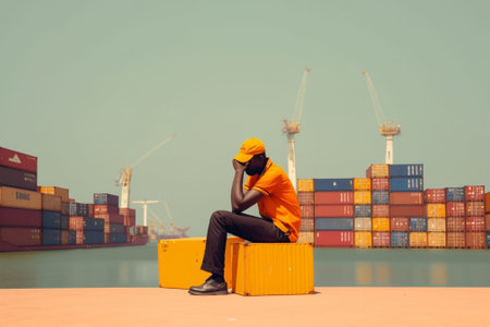 Worried about his business Side view of thoughtful businessman holding hand on chin and looking away while sitting barefoot at the quayside and with shoes laying on foreg : Generative AIの素材