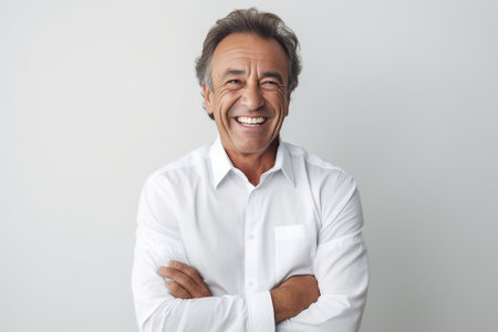 Unbelievable Happy mature man in shirt and tie touching head with hands and smiling while standing against grey background : Generative AIの素材