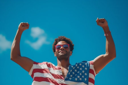 Hurrying to be in trend Handsome young bearded man wearing sunglasses and running along American flag : Generative AIの素材