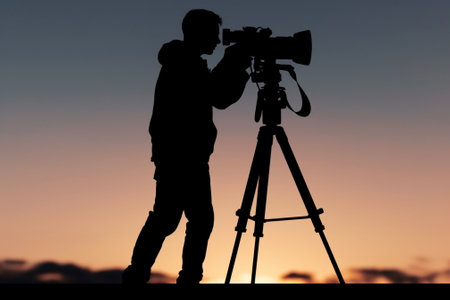 Photographer shooting Side view silhouette of man using tripod while shooting and standing isolated on white : Generative AIの素材